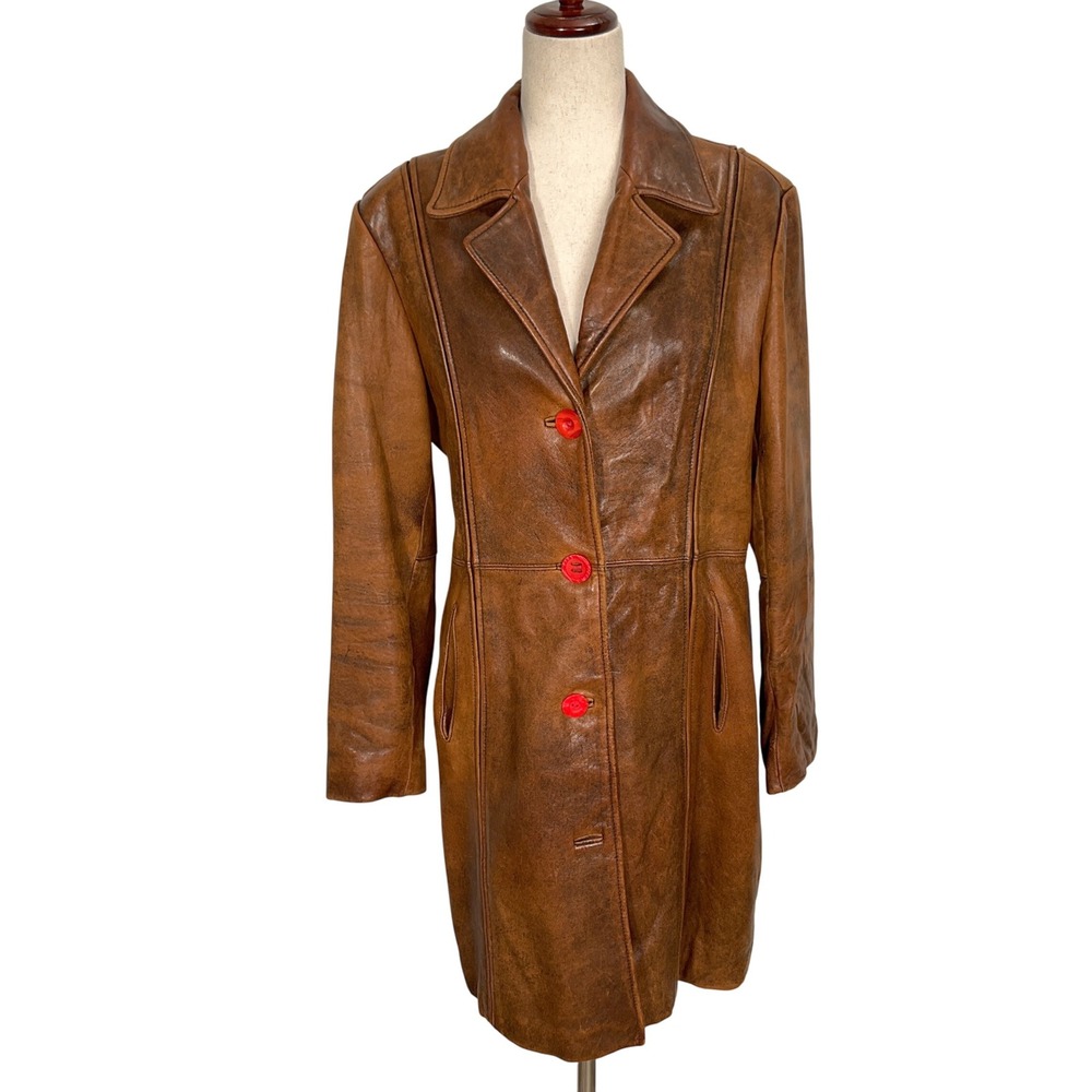 R&D Brand Leather Coat Women‎ Large Rusty Brown Red Buttons Jacket